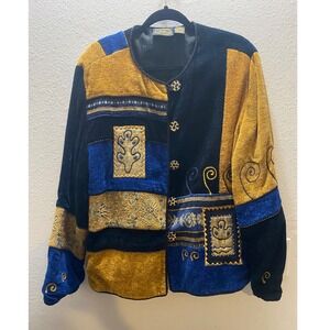 Vintage Allure Women's Patchwork Jacket  Blue Gold Textured Embroidered Size L